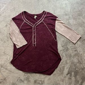 We The Free Burgundy Baseball Henley with Light Mauve Raglan Sleeves